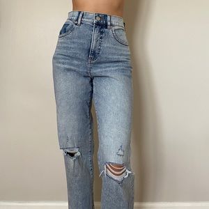 Express Super High Waisted Ripped Modern Straight Jeans (knee rips and raw hem)